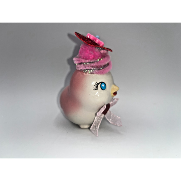 Vintage Pink Ceramic Bird Valentines Day Pink Flower Princess Heart Hat OMG OOAK - Picture 9 of 16